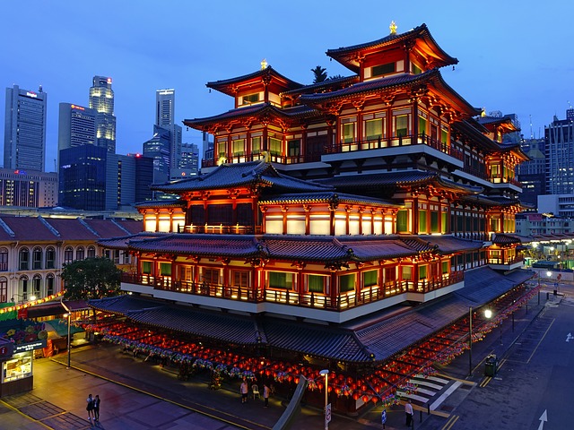 A temple in the middle of the city in Singapore.