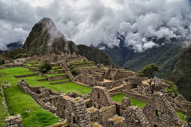 Machu Picchu from above on a cloudy day.