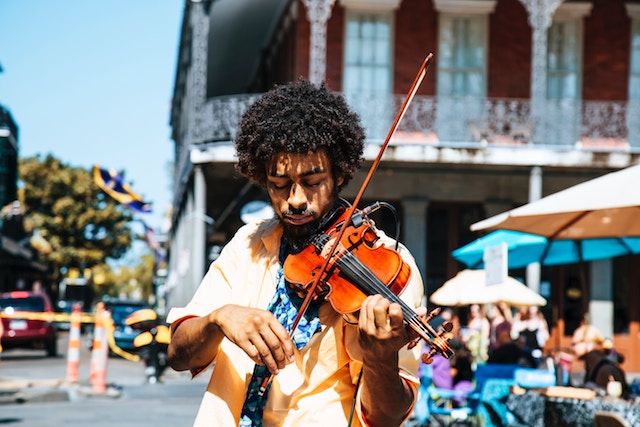 A musician playing in the French Quarter in New Orleans.