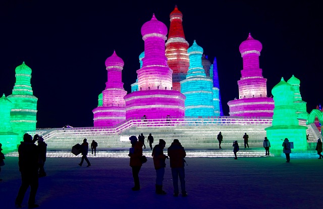 Harbin Ice festival at night full of colors.