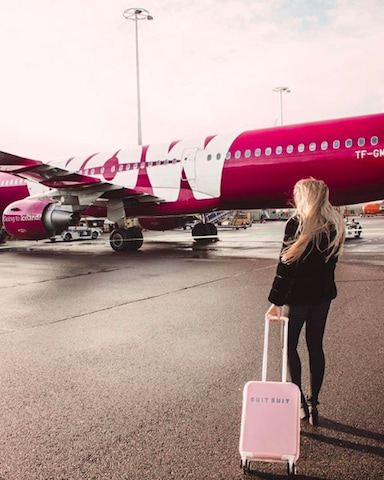 a photo of a WOW Air plane and passenger.